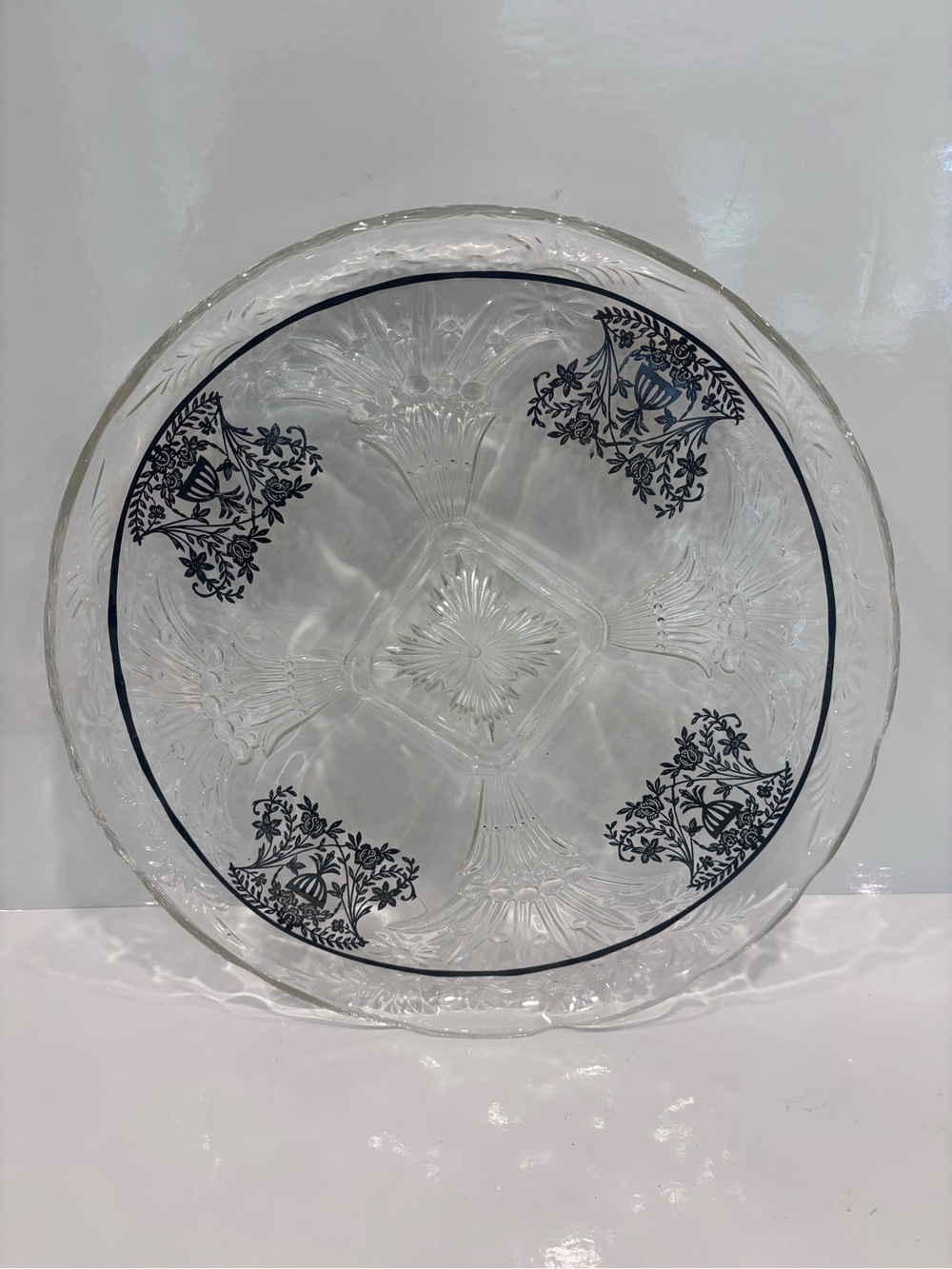 Vintage Pressed Glass Divided Serving Tray Black Floral Relish Dish 13.5”
